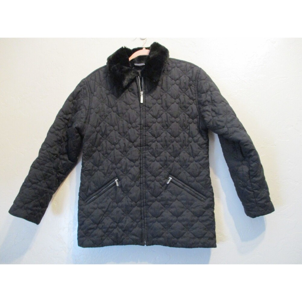 Hanna Andersson Jacket Girls Sz M Black Headed for Home Quilted Lined Fur Collar